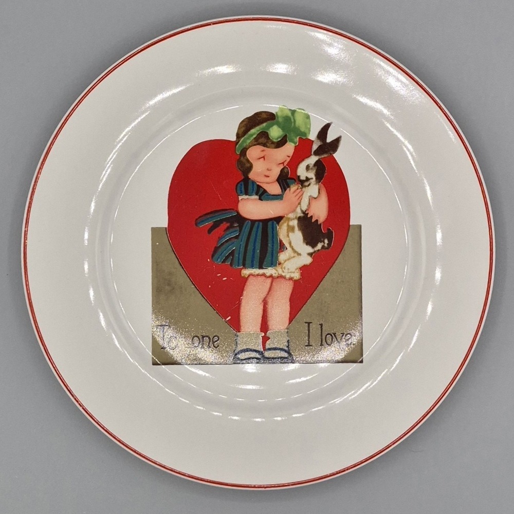 Valentine 8 " Salad Plate Red Rim ROSANNA Little Girl Red Heart Bunny Love